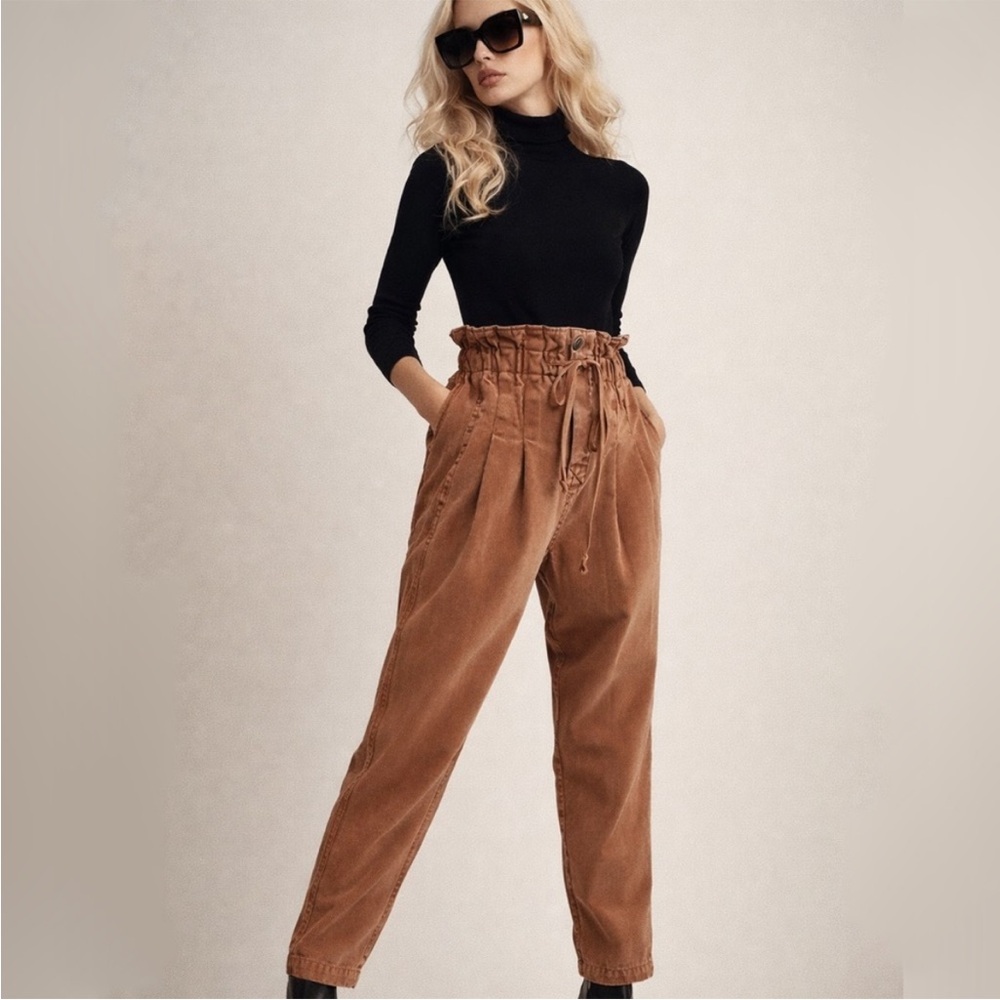 Free People Brown Margate Pleated Paper Bag Trouser Cargo Utility Jogger
